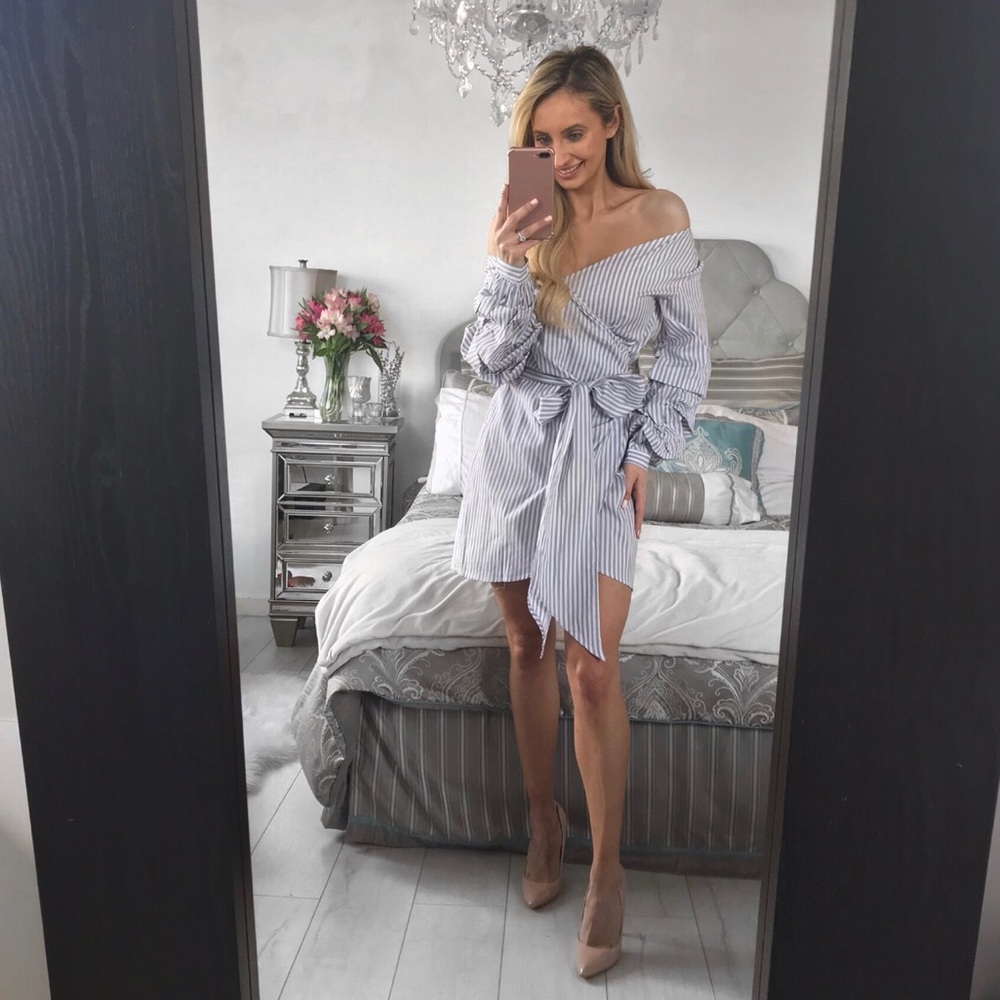 LAST ONE!!! (Medium) Deep Grey and White Striped Wrap Dress - Picture 8 of 8